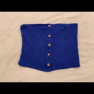 cobalt blue tube top w/ brown buttons